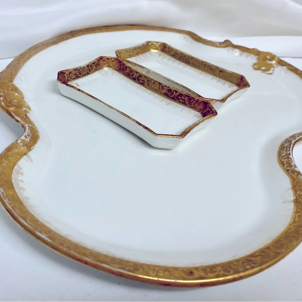 Limoges Porcelain Vanity Tray Set White with Gold Gilt Circa early 1900s